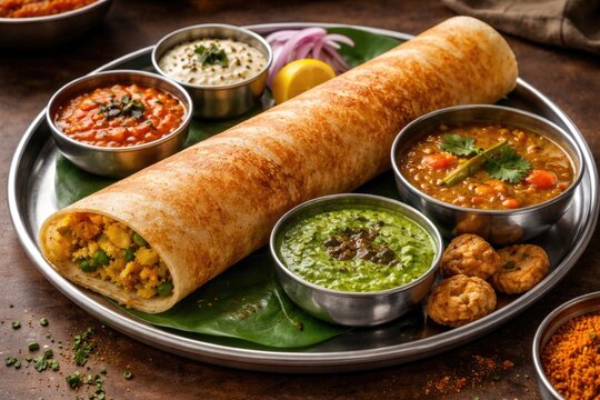 Masala dosa platter presenting sambar and multiple chutney dips