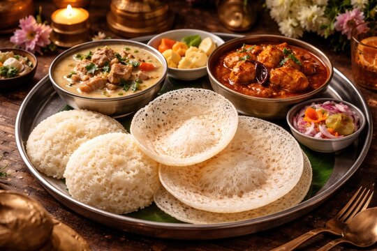 Celebratory South Indian Christian breakfast plate offering Appam and Vellappam paired with slow-cooked mutton stew and spicy chicken curry
