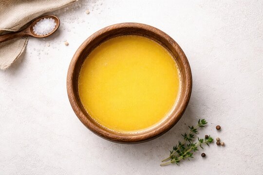 Overhead shot of clarified butter in wooden bowl on white background with copy space