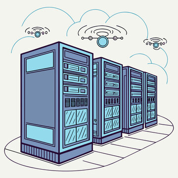 Server rack cluster illustration with floating server icons network connections and a blue color scheme high quality