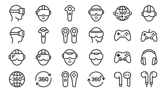 Virtual reality and gaming line icon set featuring VR goggles, gamepads and 360 degree symbols, providing interface assets for metaverse and illustrating digital entertainment concepts