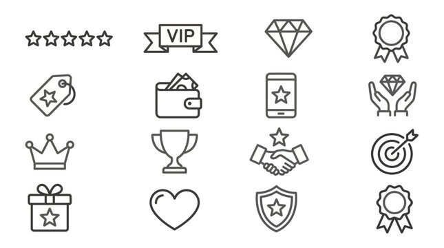 Set of loyalty rewards and premium service line icons featuring VIP badges, trophy, diamond and gift boxes on white background, Represents customer retention and Symbolizing membership marketing