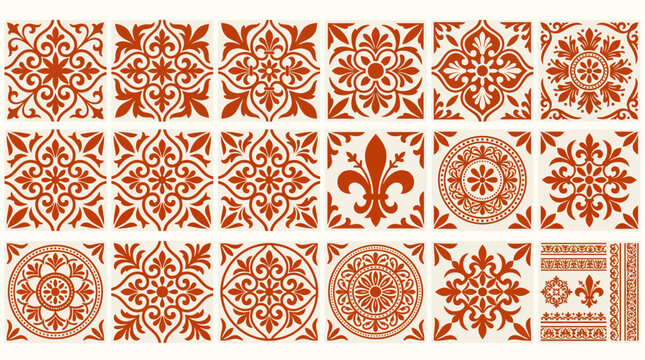 Terracotta vintage ceramic tile collection with ornate floral and damask patterns on cream background, represents elegant home decor, illustrating classic Mediterranean architectural motifs