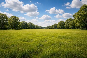 Fototapeta premium Wide open natural grass field with mature trees on horizon under a sky dotted with fluffy white clouds