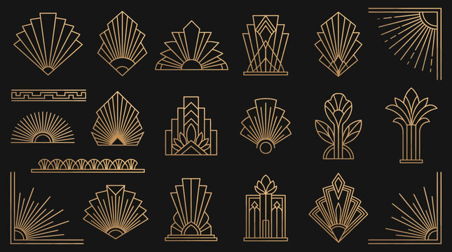 Collection of golden art deco geometric ornaments and decorative frame elements set on black background, Symbolizing luxury branding or vintage party invitation design