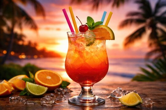 Summer evening rum punch glass with colorful straws against sunset sky
