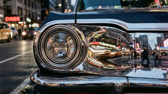 Close-up of vintage car headlight and chrome bumper reflecting city street lights at night