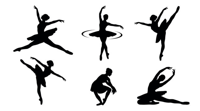 Set of ballet dancer silhouettes in various graceful poses and jumps isolated on white background, Symbolizing artistic performance and representing classical dance studio marketing materials