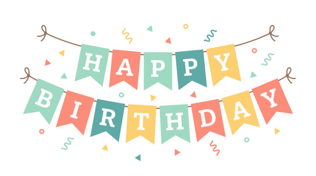 Colorful pastel bunting flags with happy birthday text and confetti decorations on white background, symbolized by festive anniversary celebration and illustrating joyful greeting card design