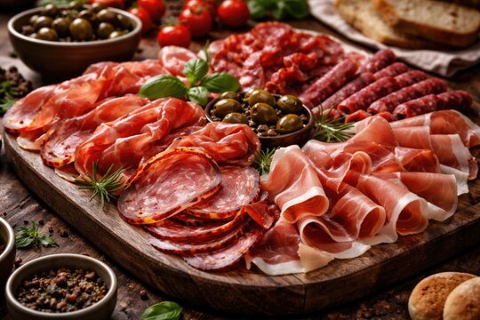 Variety of Italian cold cuts such as prosciutto and capicola elegantly presented on a charcuterie tray