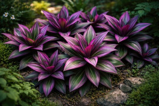 Vibrant Tradescantia spathacea botanical display with purple and green leaves in textured garden