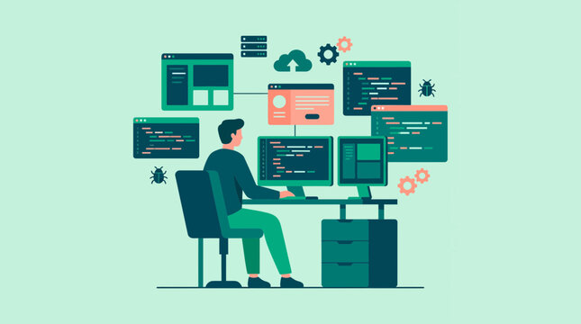 software developer sitting at a desk with multiple monitors showing code snippets and technical icons in flat vector style, representing software engineering or digital product development
