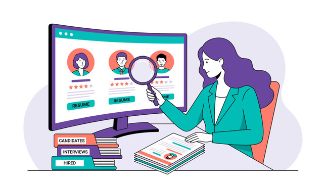 HR professional woman using magnifying glass to review candidate profiles and resumes on computer screen, representing talent acquisition and illustrating recruitment management