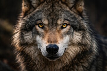 Obraz premium Majestic timber wolf close up featuring sharp yellow eye stare