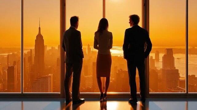 Vision of Success: Businesspeople gaze upon a breathtaking cityscape framed by a setting sun, symbolizing aspiration, ambition, and the journey toward the future.