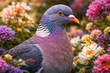 Obraz premium Portrait of a vibrant Woodpigeon amid complex floral textures showcasing natural detail