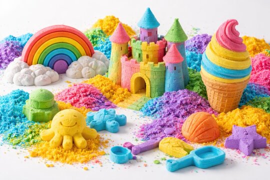 Vibrant kinetic sand sculptures set against smooth white surface perfect for sensory games