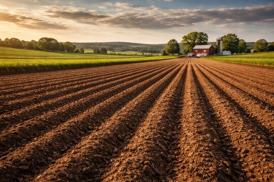 A rural landscape showing a field carefully plowed and harrowed for planting