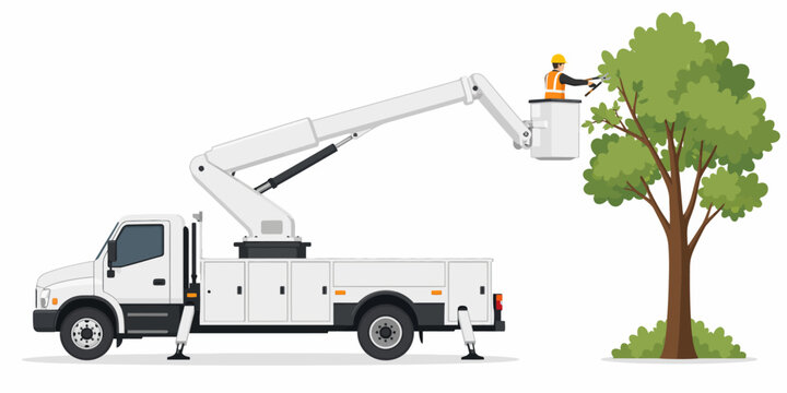 A worker operates a white truck with an aerial lift near a tree.