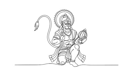 Obraz premium Intricate Line Art Illustration of a Mythological Sacred Monkey Figure in Traditional Attire Holding a Small Pot with a Regal