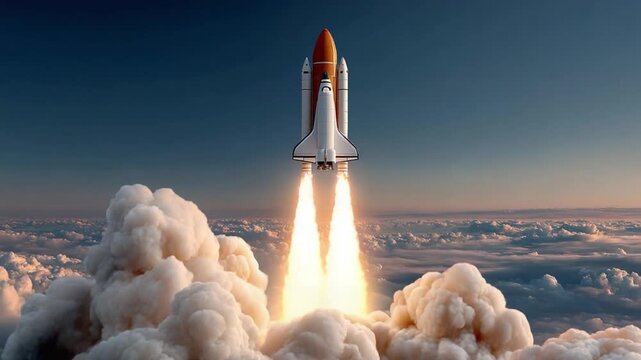 Cosmic Ascent: A space shuttle embarks on a journey beyond the Earth, soaring through the atmosphere against a backdrop of clouds and a vast sky, representing ambition, exploration.