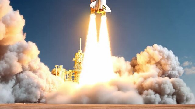 Rocket Ascent into the Sky: A space shuttle roars into the sky, propelled by flames, leaving a trail of smoke and steam, symbolizing exploration, adventure.