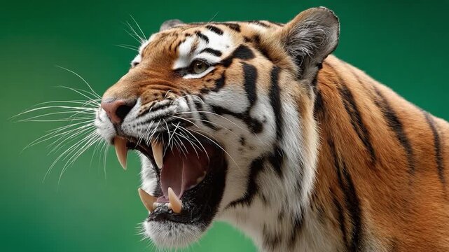 Roaring Tiger: The image captures a fierce tiger mid-roar, showcasing its raw power and intense gaze against a vibrant green backdrop.