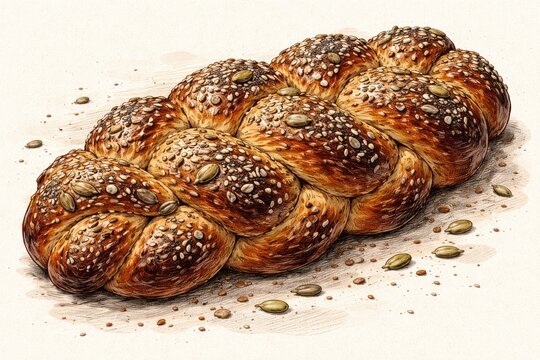 Hand drawn depiction of braided challah bread featuring an array of decorative seeds
