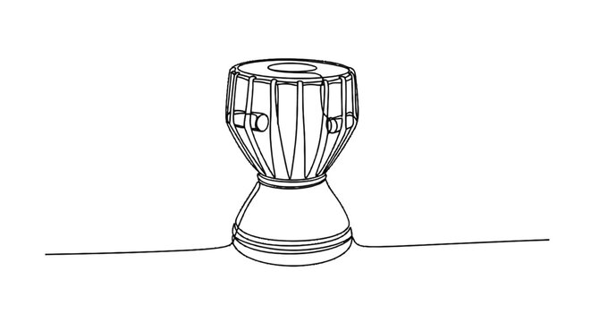 Minimalist black and white line drawing of a traditional hand drum with detailed contours and surface texture for artistic design