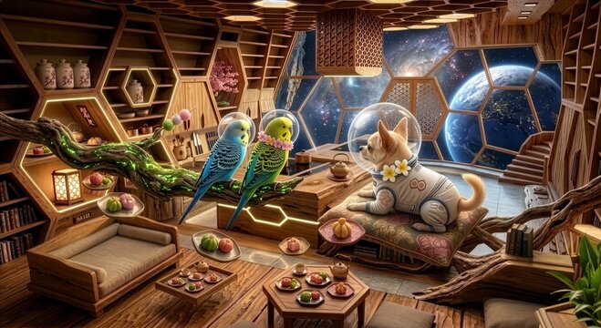 AI-generated　宇宙のリビング：ハニカム窓から覗く、無重力たい焼きとくつろぐ宇宙犬とインコの不思議な時間
