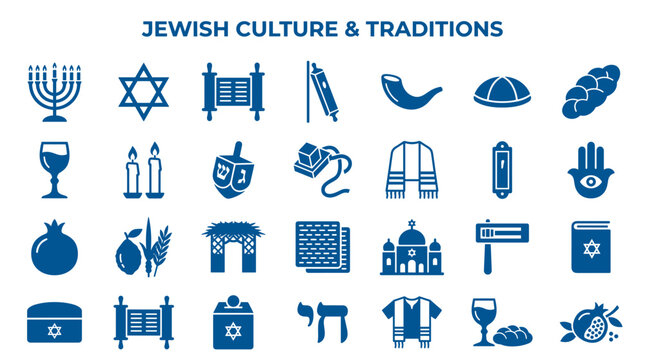Jewish Culture and Traditions Icons Set Religious Symbols and Objects Collection Illustration
