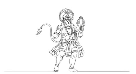 Fototapeta premium Intricate line drawing of a traditional deity figure holding a lamp and adorned with cultural ornaments in a detailed art style