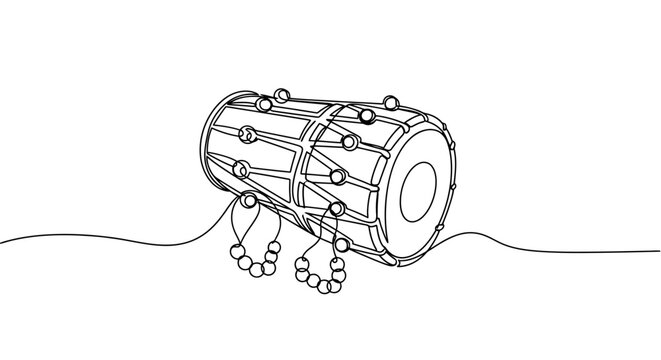 Intricate line art of a traditional drum with decorative beads and string details for cultural music representation
