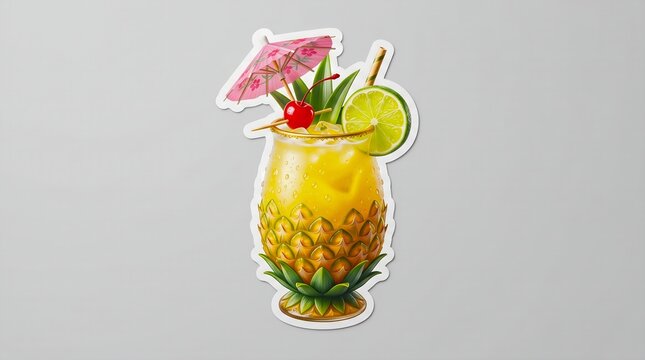 Tropical pineapple cocktail drink with lime slice and cherry garnish in a sticker style illustration on a plain grey background
