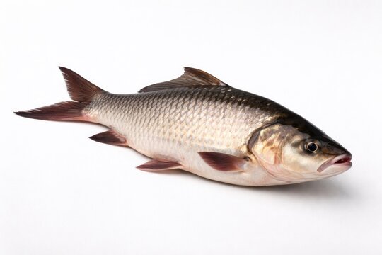 Single catla fish laid out on an uncluttered white backdrop with copy space