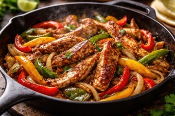 Fototapeta premium Juicy chicken fajitas grilling with bright bell peppers and onions in a cast iron pan presenting vibrant flavors