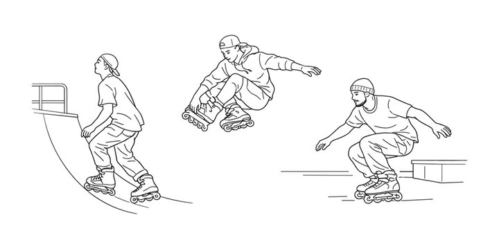 Men aggressive inline skating icon set outline vector illustration