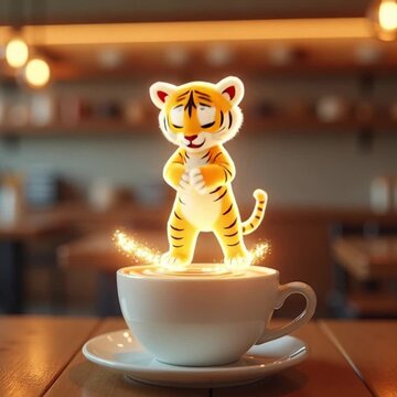 Cartoon tiger dances on coffee in a cup with sequins in a cozy caf&eacute;