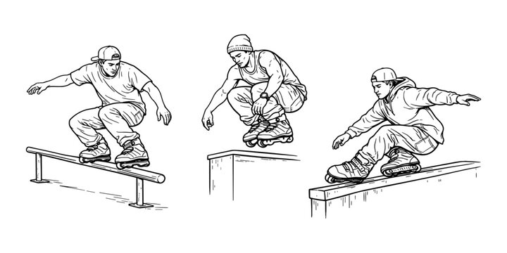 Men aggressive inline skating icon set outline vector illustration