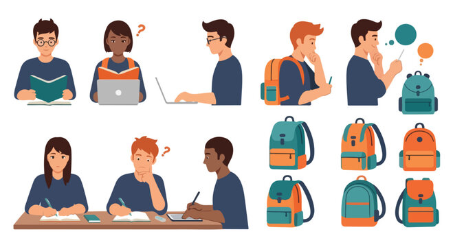 Student education vector set, diverse college students studying with books and laptops, school backpacks and academic learning icons, flat character design