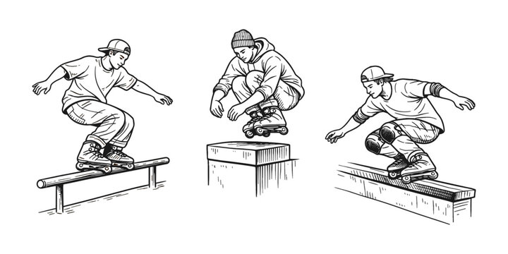 Men aggressive inline skating icon set outline vector illustration