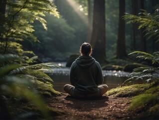 Fototapeta premium meditating in a tranquil forest, embodying psychological safety through inner peace and connection with nature