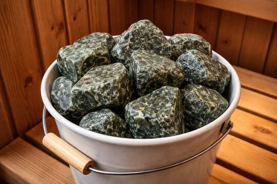Serpentinite stones arranged in white bucket with wooden sauna backdrop