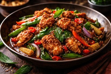 Fototapeta premium Delicious Thai chicken and vegetable dish with crispy outer layer
