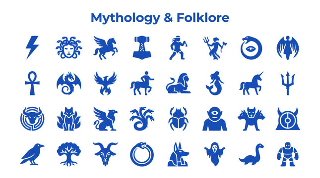 Mythology and Folklore Icons Collection Diverse Legendary Creatures and Symbols Set