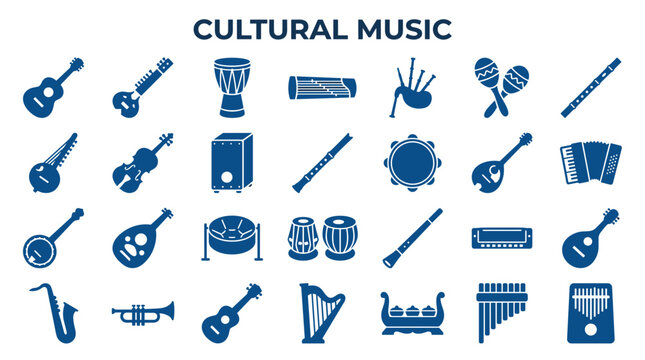 Diverse Collection of Cultural Musical Instruments Icons Set Blue Silhouettes on White Background
