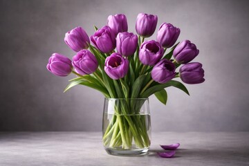Fototapeta premium vase of violet tulips set against smooth gray wall background