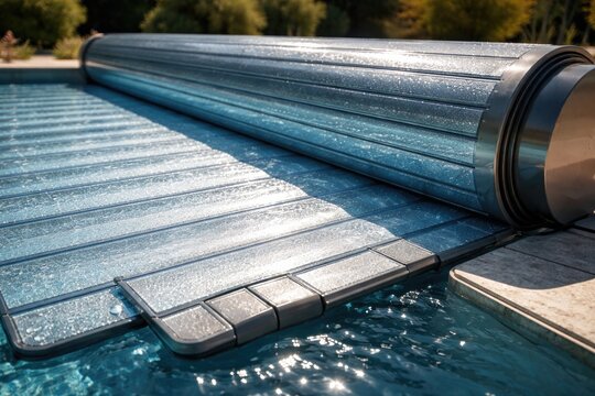 Zoomed image of water heated pool roller shutter cover for safety