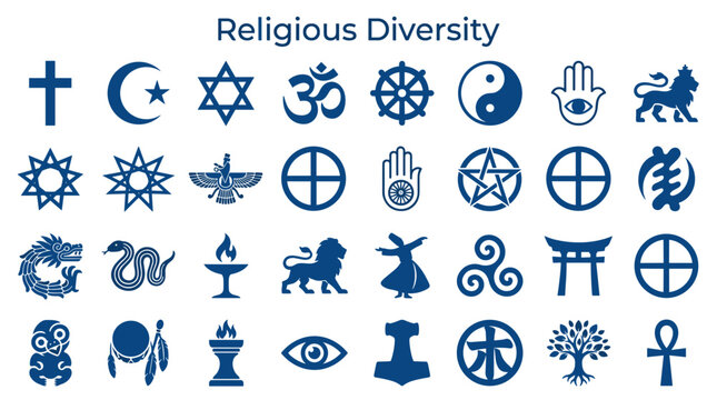 Collection of diverse religious and spiritual symbols representing global faith traditions and cultural diversity on a clean background