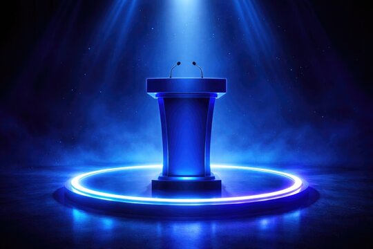 Blue presentation podium highlighted by a vibrant neon ring in champion style